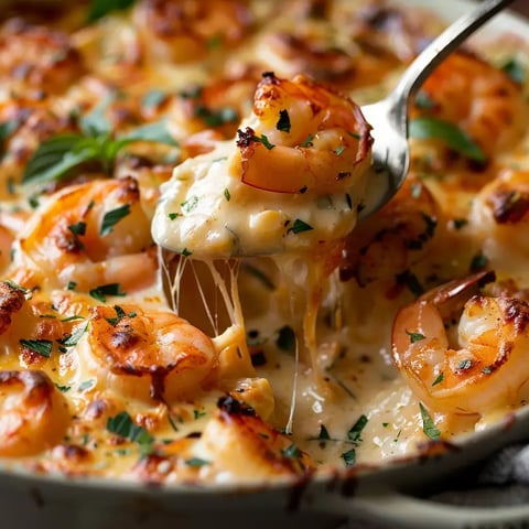Un gratin de crevettes et coquilles avec une sauce fromagère fondante.
