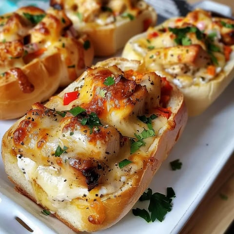 Petits pains garnis de poulet, fromage fondu et légumes colorés, parsemés de persil frais.