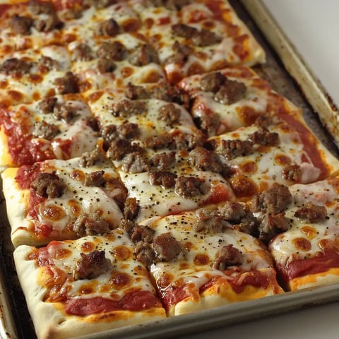 Pizza rectangulaire avec sauce tomate, fromage fondant et viande hachée.