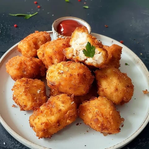 Nuggets dorés dans une assiette avec une sauce rouge, un nugget ouvert révélant l'intérieur tendre.