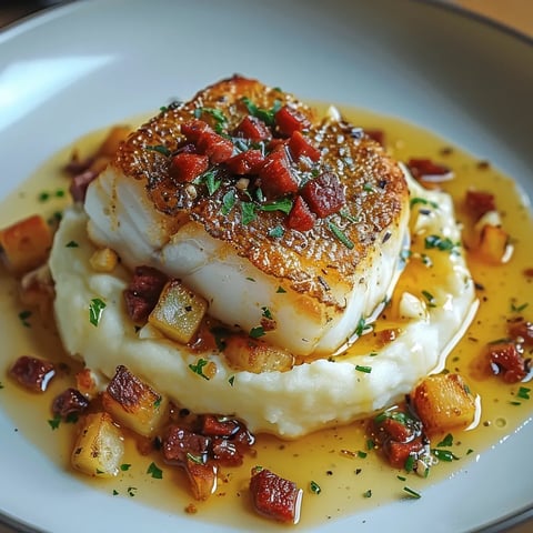 Cabillaud Fondant Crème Chorizo et Purée Délicate
