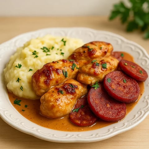 Une assiette de nourriture contenant des chops, des pommes de terre et des légumes.