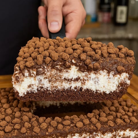 Une personne tire une portion de dessert de dessus.