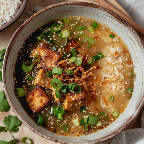 Délicieux bol de soupe miso au gingembre et tofu croustillant