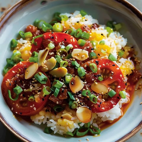 Tomates accompagnées de riz au tamari