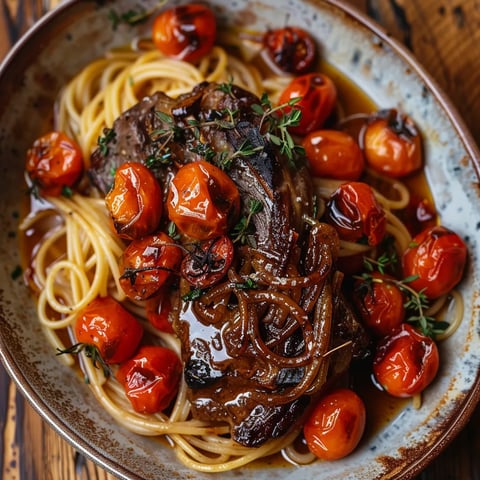 Spaghettis caramélisés et tendre agneau