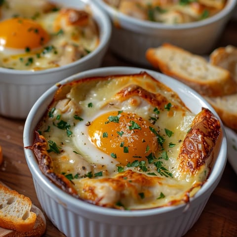 Oeuf cocotte avec poulet et fromage