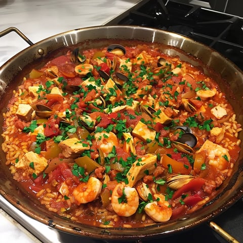 Paëlla maison délicieuse avec fruits de mer