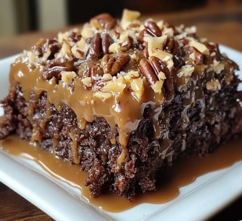 Une tranche de gâteau au chocolat allemand fourré au caramel.