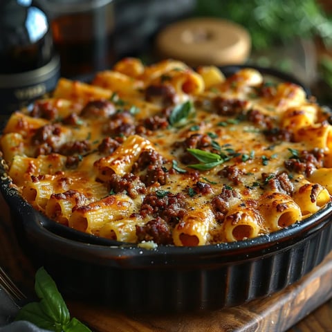 Un délicieux gratin de pâtes avec bœuf fondu et fromage doré, servi dans un plat rustique.