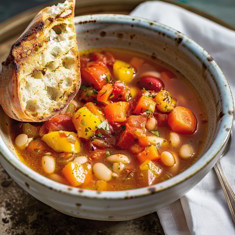 Un bol de soupe aux légumes rôtis servi chaud avec du pain.