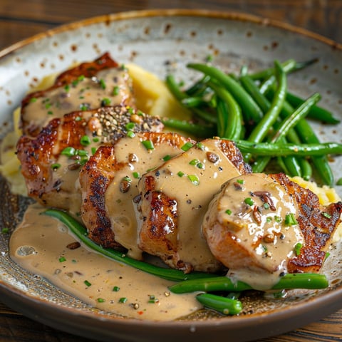 Assiette de porc mijoté avec une sauce crème-moutarde.