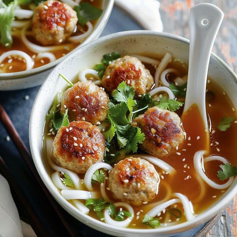 Soupe-repas savoureuse, composée de boulettes quinoa porc, herbes fraîches et nouilles udon.