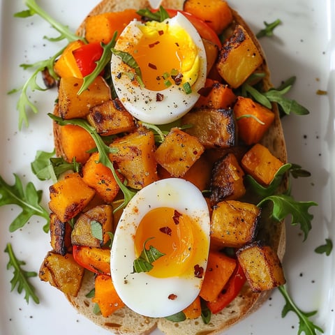 Un appétissant sandwich ouvert avec des légumes rôtis et des œufs, accompagné d’une touche de feuilles vertes.