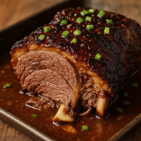 Un plat en métal contenant une épaule d’agneau dorée au miel avec un soupçon de persil.