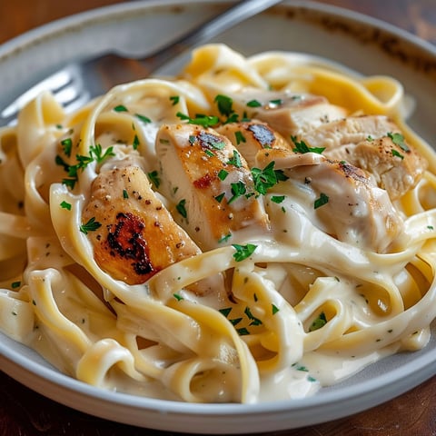 Assiette de tagliatelles avec poulet et sauce fromage ail-herbes.