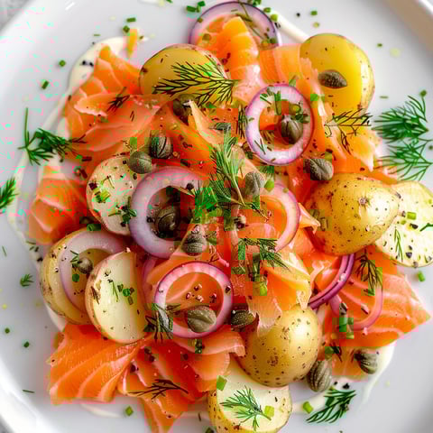 Salade nordique fraîche avec pommes de terre, rondelles d’oignon rouge, saumon fumé et laitue.