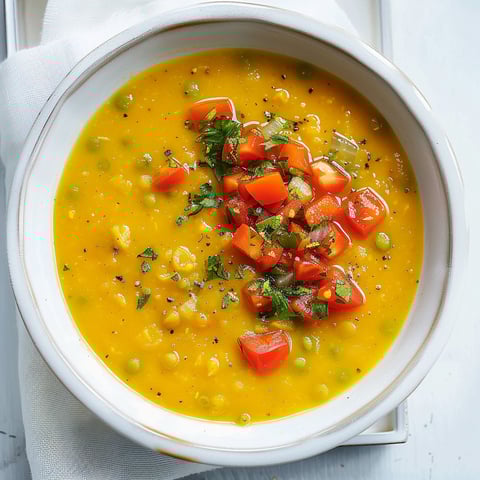 Un bol rempli de crème de pois jaunes et tomates, prêt à être dégusté.