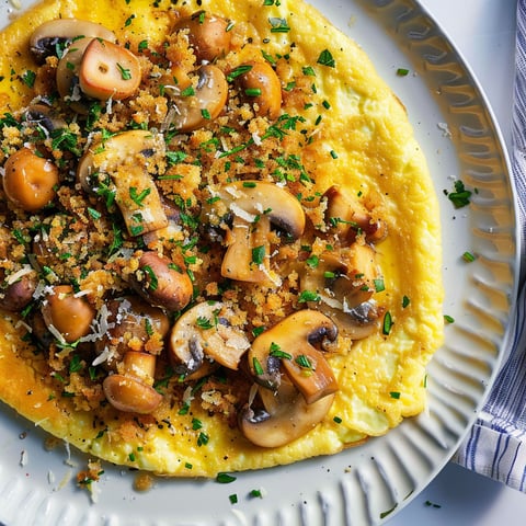 Plat garni d’une omelette aux champignons avec chapelure herbacée.