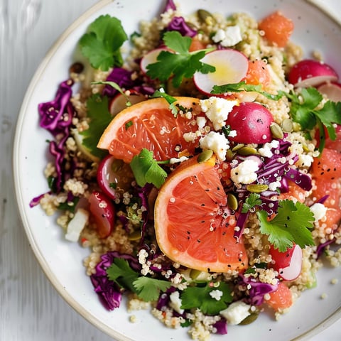 Un bol de salade au quinoa, chou, radis, fromage feta et morceaux de pamplemousse frais, avec une texture croquante et colorée.
