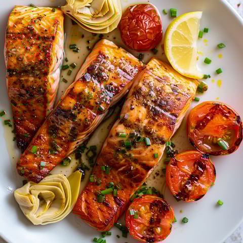 Filet de saumon doré servi avec tomates et artichauts confits.