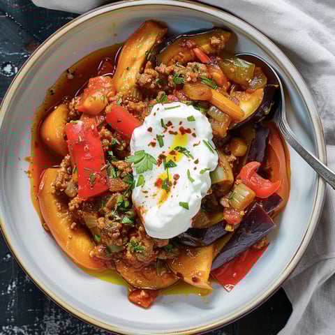 Un délicieux ragoût d'aubergines avec viande hachée, légumes et épices.