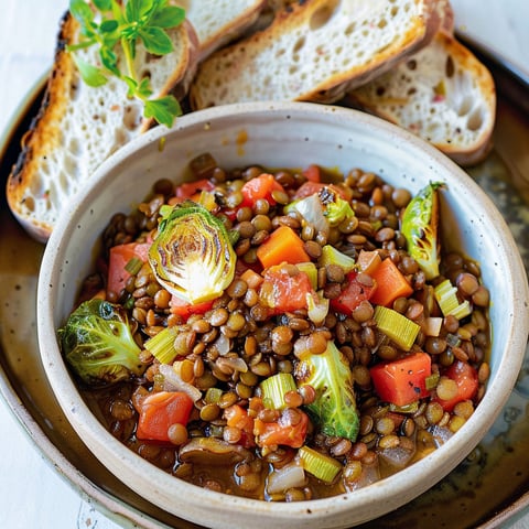 Un plat végétalien de lentilles accompagné de légumes comme carottes et champignons, servi avec du pain croustillant.