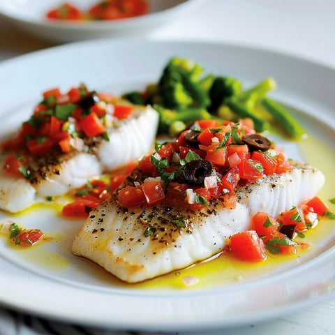 Filet de poisson accompagné d'une sauce vierge aux olives.