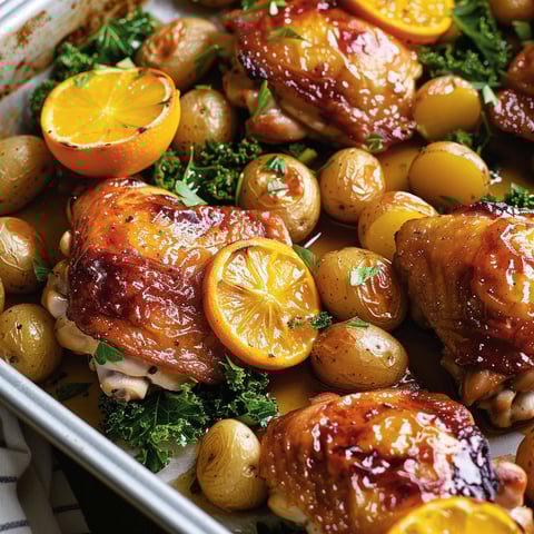 Poulet savoureux rôti avec des légumes et agrumes, nappé de miel délicat.