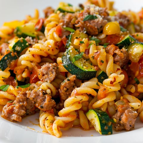 Un plat de pâtes gourmandes avec courgettes et saucisses bien imprégnées de saveurs.