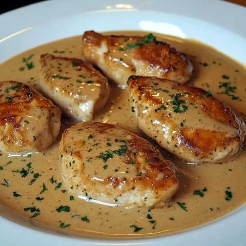 Poulet gourmand avec sauce crémeuse et échalotes servi sur une assiette élégante.