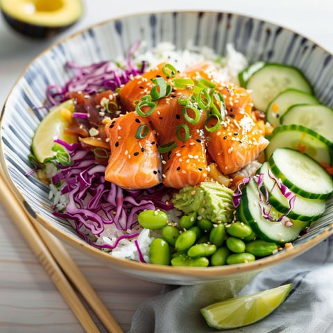 Un bol frais avec saumon grillé, légumes variés et edamames, une assiette saine et colorée.