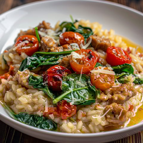 Savoureux risotto au veau, épinards frais et tomates dorées, servi sur un plateau rustique.