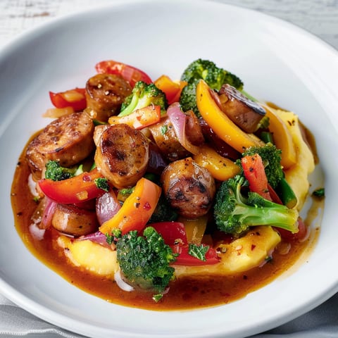 Une belle assiette de polenta moelleuse, de saucisses et de légumes servis sur une table chaleureuse.