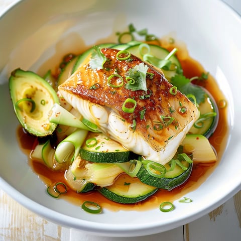 Un filet de morue saisi avec courgettes et avocat, nappé de sauce gingembre-citron.