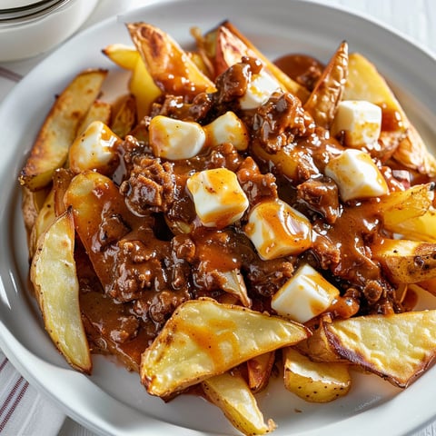 Une assiette de poutine à la sauce barbecue avec des frites et des morceaux savoureux de viande.