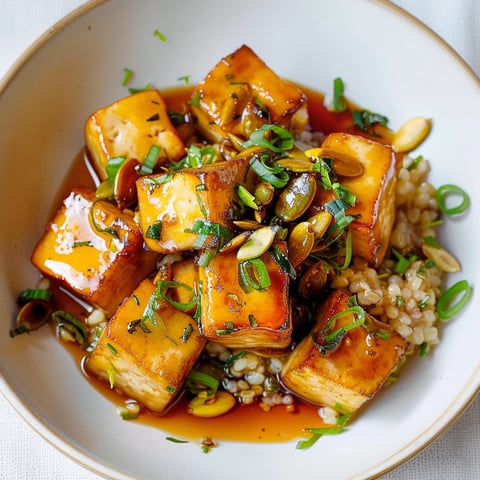 Tofu caramélisé doré avec graines croustillantes et herbes fraîches en garniture.