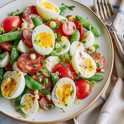 Un plat de salade combinant œufs, pois mange-tout et pommes de terre est présenté élégamment.