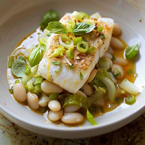 Filet de poisson mijoté avec céleri doux et haricots blancs citronnés.