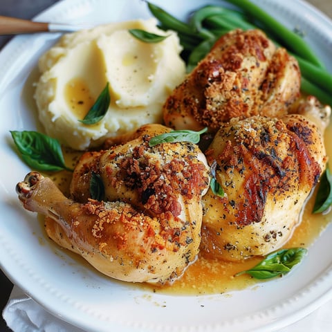 Un poulet doré avec du parmesan et du basilic servi sur une assiette blanche garnie de pommes de terre et de légumes frais.