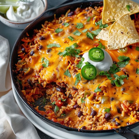 Savoureuse casserole mexicaine au bœuf, tortillas et fromage.