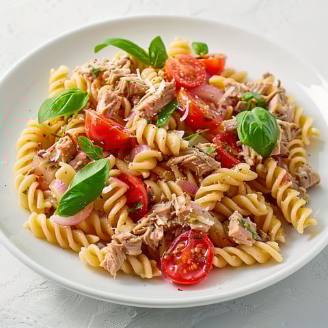Des pâtes froides agrémentées de tomates, de basilic et d'épices.