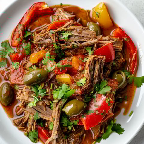 Une assiette généreuse de ragoût de bœuf cubain avec des poivrons, des tomates et des olives.