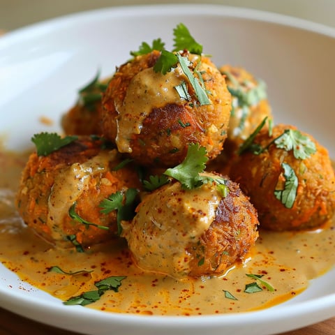 Plat appétissant avec boulettes carottes et pois chiches, nappées de sauce au curry coco.