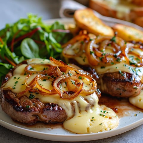 Steak parisien avec des légumes et du fromage.