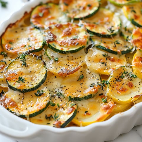 Plat gratiné composé de courgettes, pommes de terre et oignons dorés au parmesan.