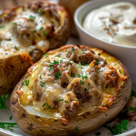Des Pommes de Terre Garnies de Viande et Fromage, accompagnées d’une sauce citronnée, parfaites pour partager un bon moment de gourmandise.