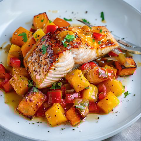 Saumon grillé avec chutney de mangue et légumes rôtis, une idée simple et savoureuse.