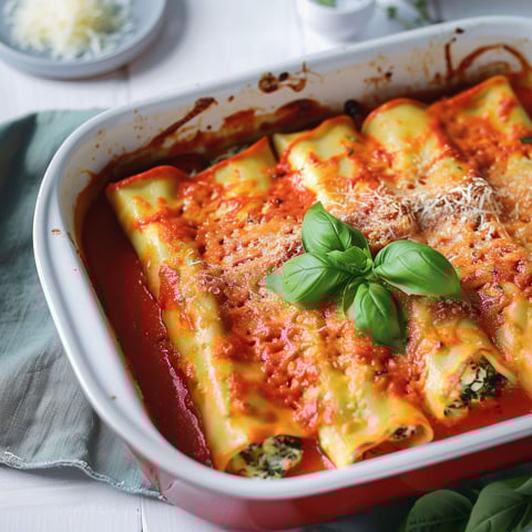 Un délicieux plat de cannellonis ricotta et épinards dans une savoureuse sauce rosée.