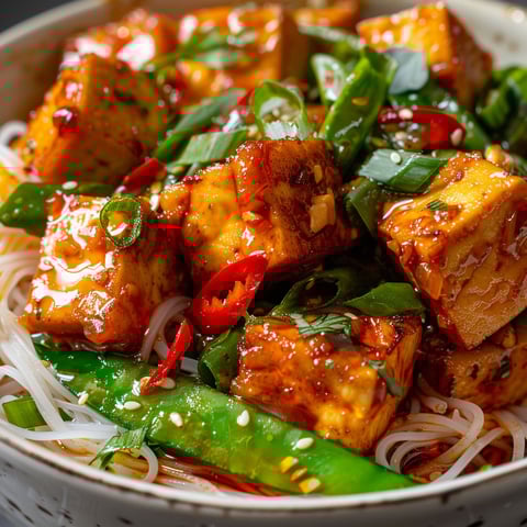 Un plat de tofu miso tomate avec des légumes frais et des épices.